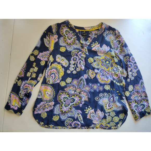 Talbots Tops - Talbots Petites Navy Paisley Print V Neck Button Up Long Sleeve Blouse Top Mp‎